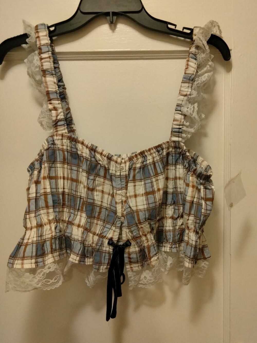 NWOT Sz XLPlaid Ruffle Lace Cropped Tank Top - Blue & Brown Out From Under